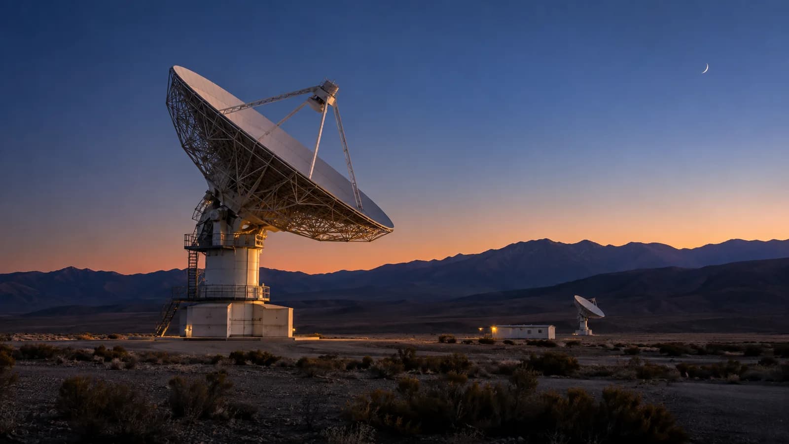 AI conceptual illustration of an unbranded deep-space communications dish at dusk in a semi-arid valley; an invented facility, not a photograph of ESA’s flyby.