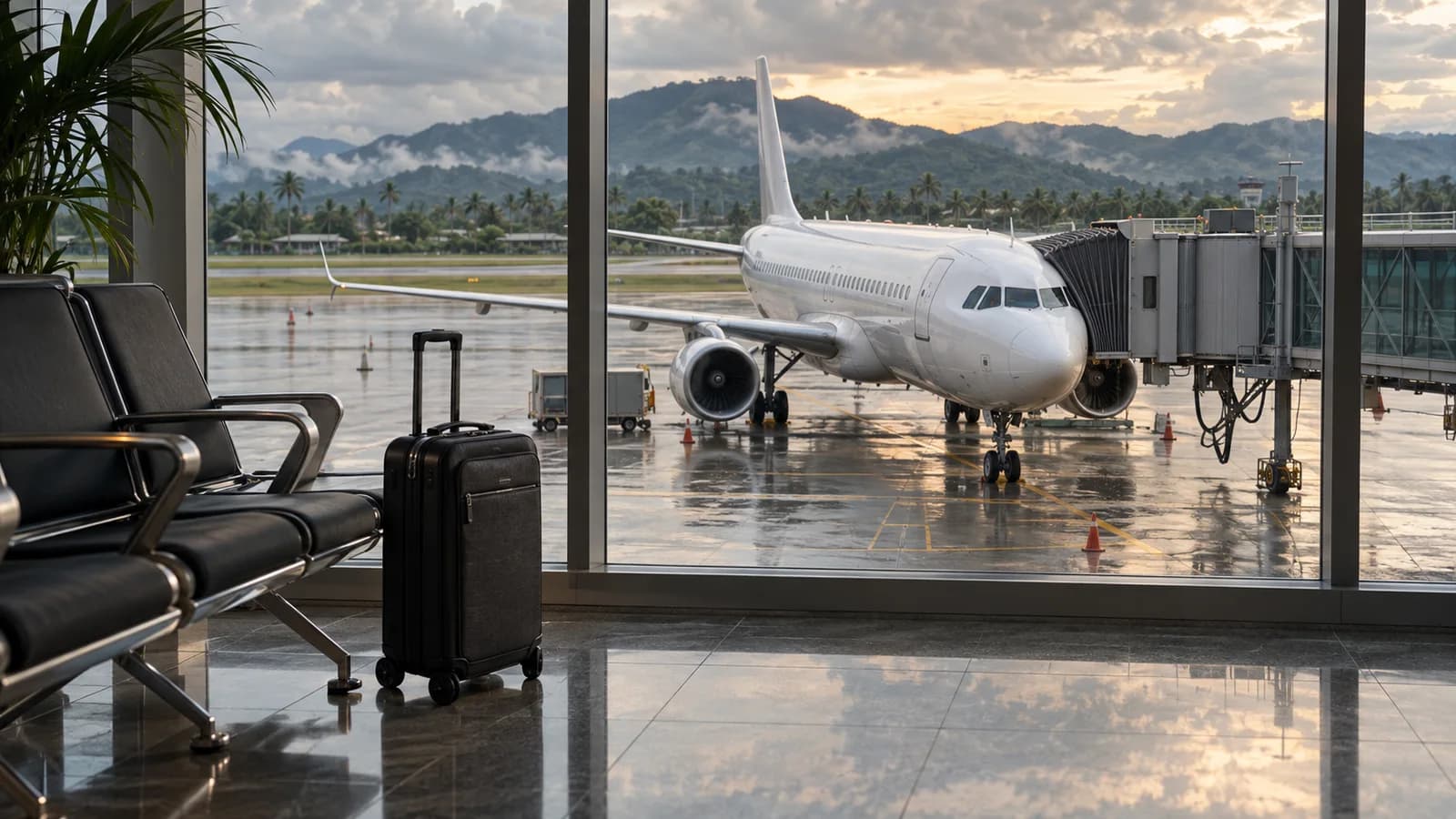 AI conceptual illustration of an unbranded jet at a tropical airport gate and a suitcase by terminal seats; a fictional airport, not a route-launch photograph.