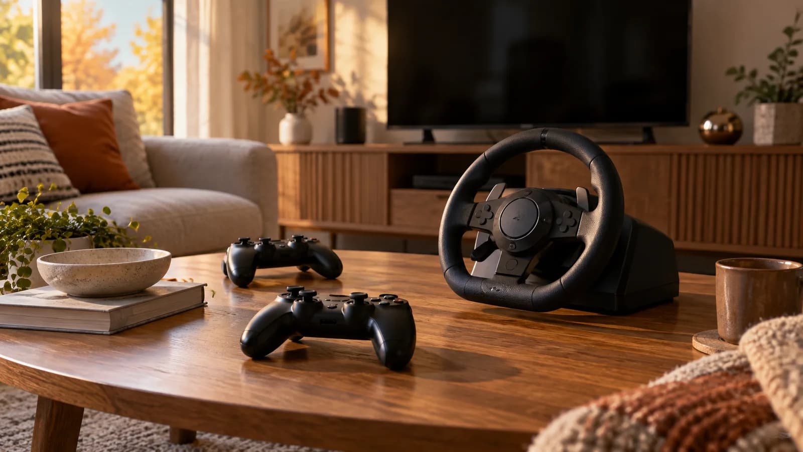 AI conceptual illustration of two generic game controllers and a racing wheel in a quiet living room; no game artwork or documentary Sony event photography.