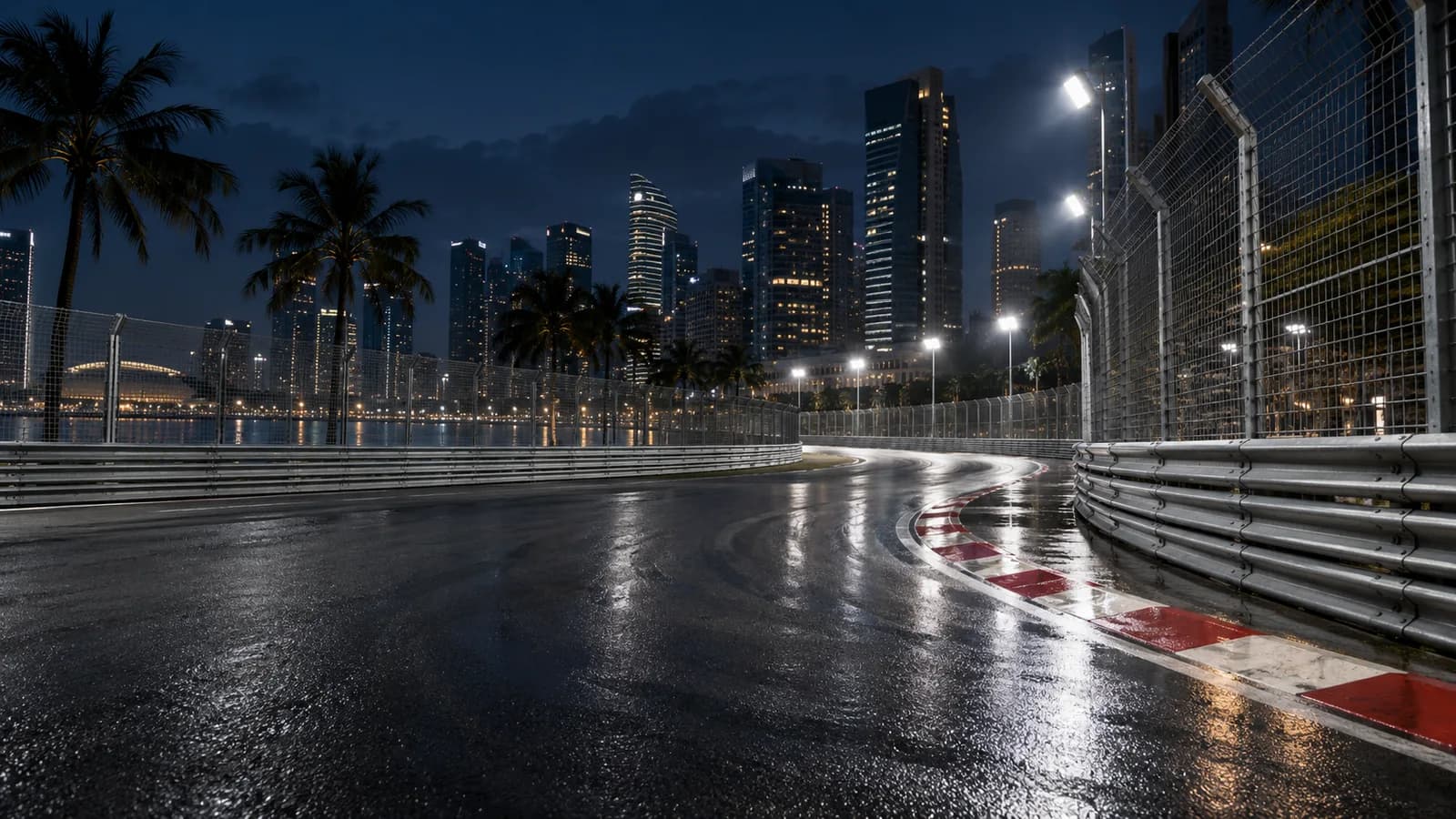 AI-generated conceptual illustration of an empty floodlit waterfront street circuit with damp asphalt and tropical skyline; not a photograph of the 2026 Singapore race.