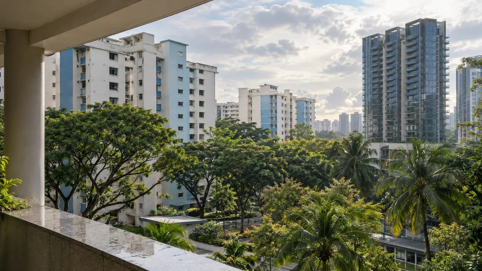 AI conceptual illustration of tropical apartment blocks and a glass residential tower viewed from a shaded terrace; no specific Singapore development is depicted.