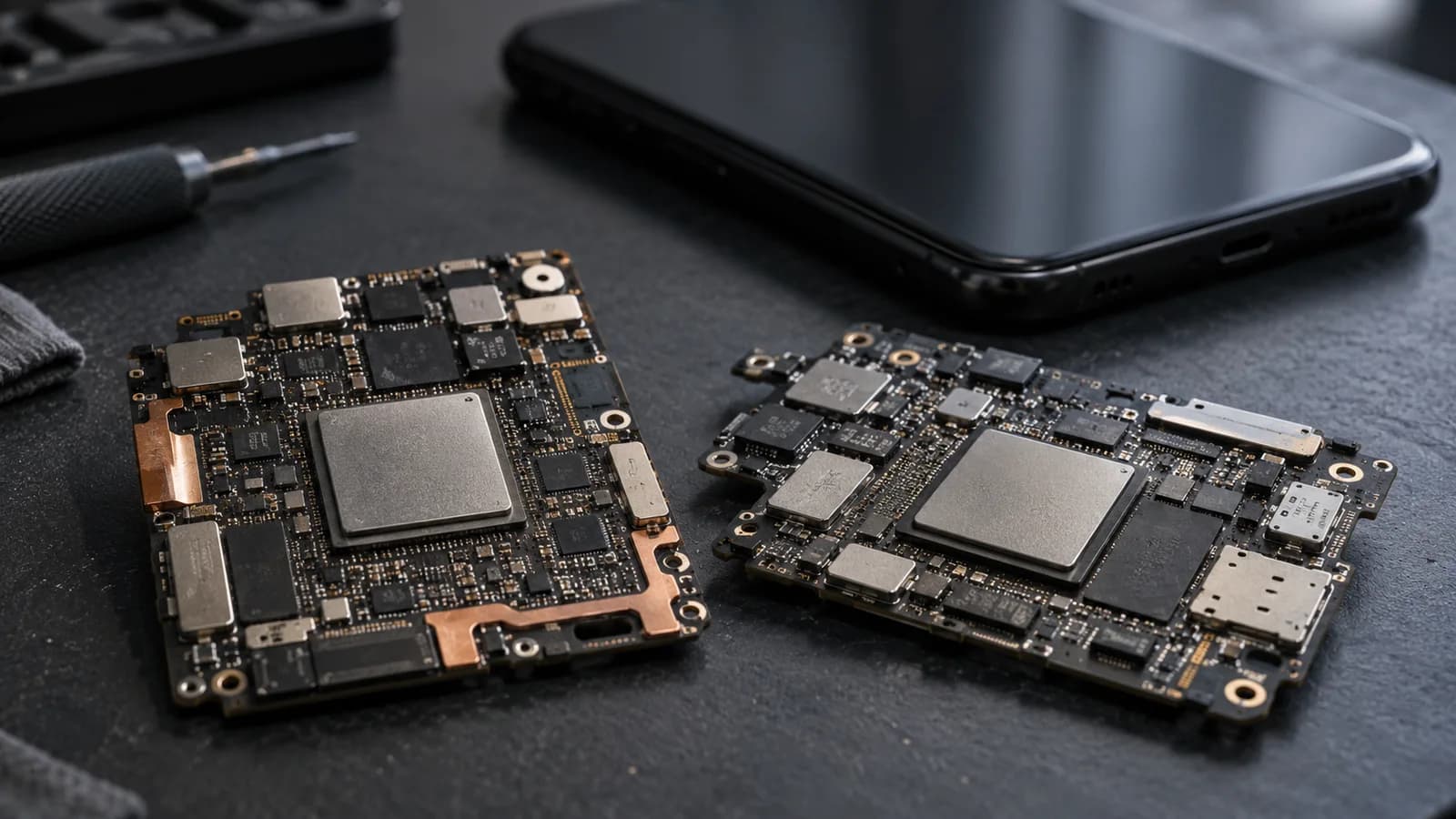 AI conceptual macro illustration of two generic phone circuit boards with unmarked processors on an electronics bench; not photographs of Qualcomm chips.