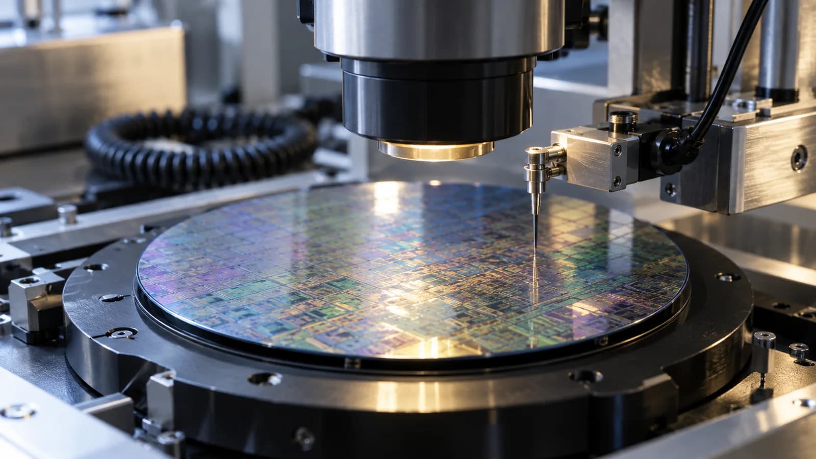 AI conceptual photograph of a silicon wafer beneath a precision probe in an anonymous laboratory; not a real Synopsys or OpenAI facility.