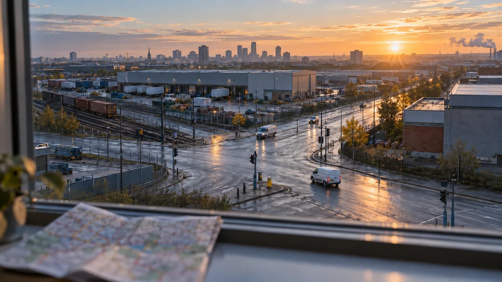 AI conceptual photograph of an anonymous logistics district, wet road junction and warehouses at dawn, with a paper map near an office window.