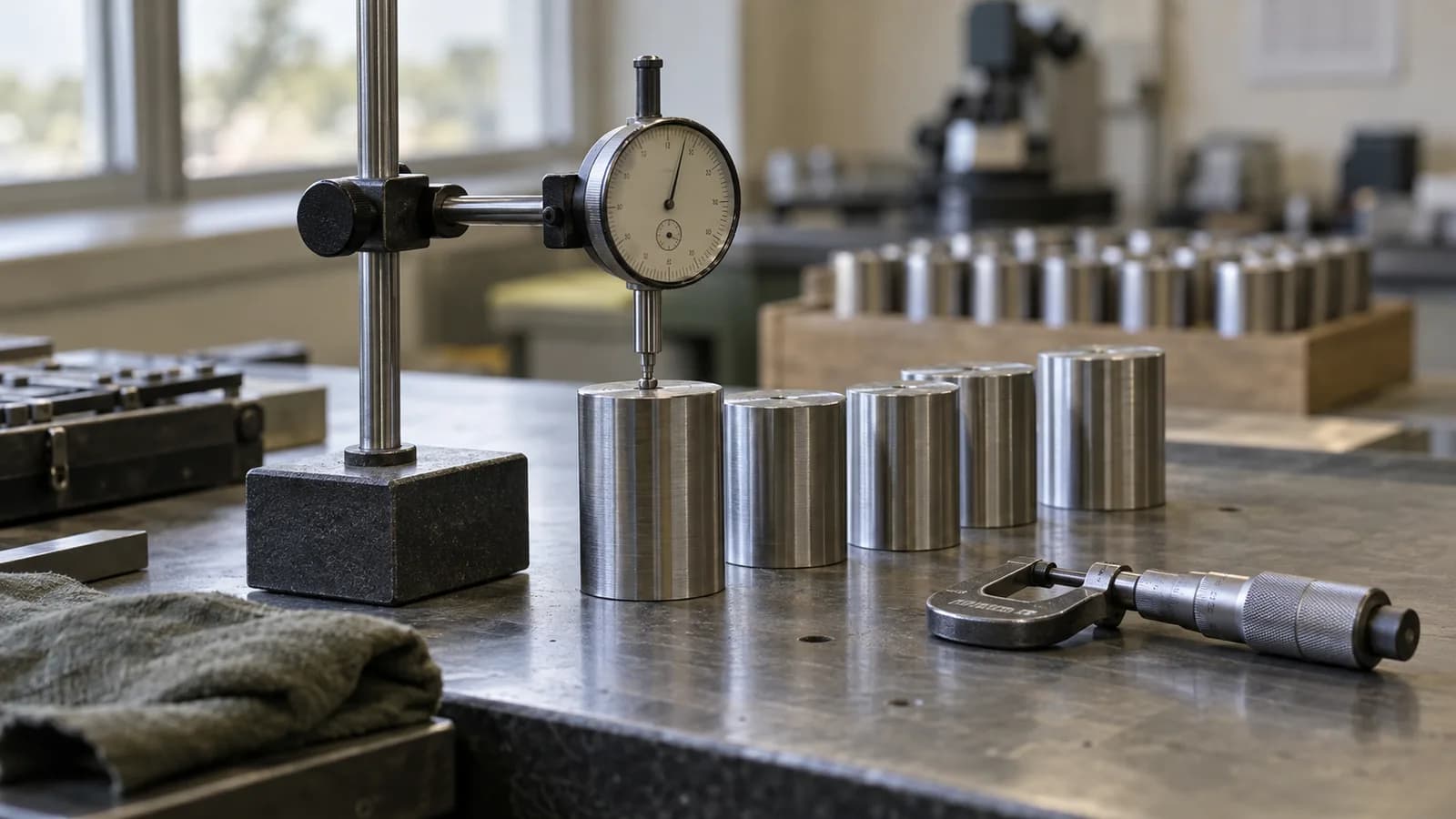 AI-generated conceptual illustration of a dial indicator measuring machined cylinders on a laboratory workbench.
