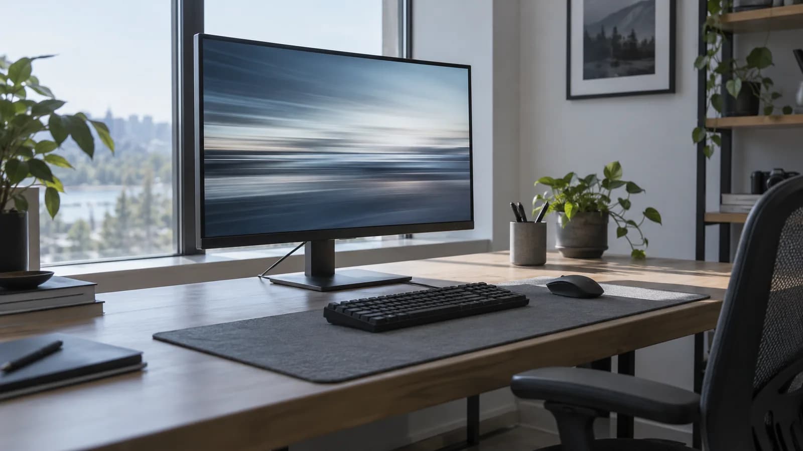 Conceptual AI illustration of a generic gaming monitor showing abstract motion on a quiet studio desk.