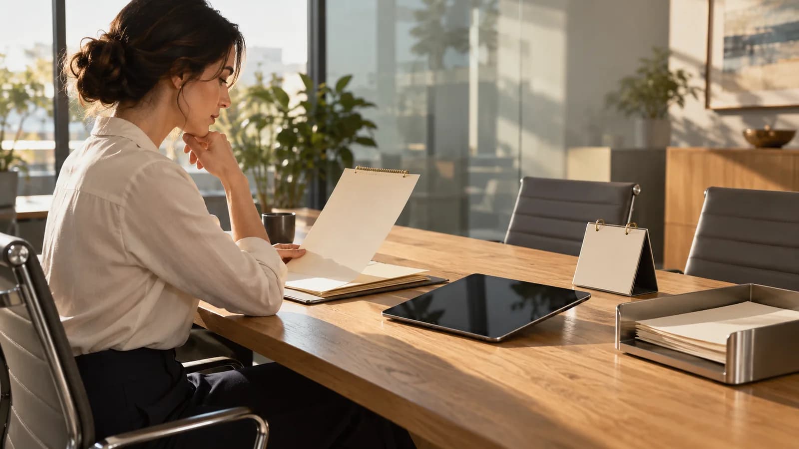 AI conceptual illustration of an anonymous office worker reviewing blank forms beside a dark tablet, representing human approval within enterprise workflows.