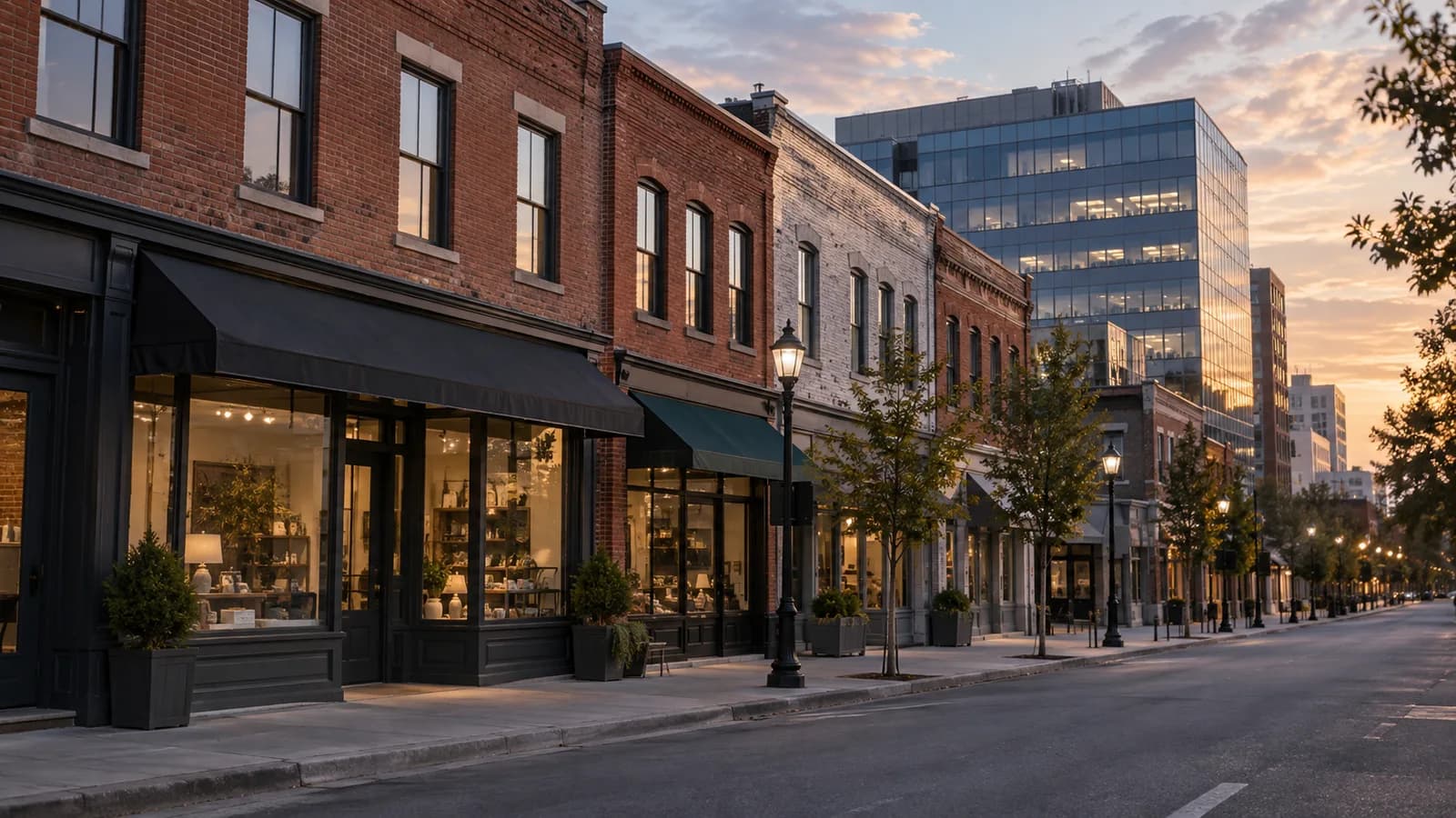 Conceptual AI illustration of low-rise US commercial brick buildings beside a taller glass office building at dusk.