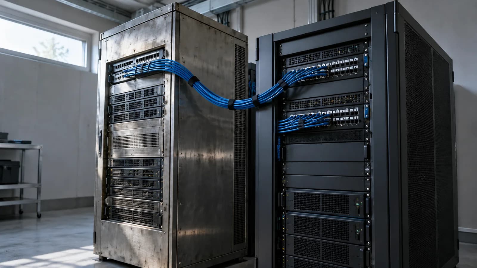 AI conceptual illustration of two unbranded server cabinets connected by blue cables in natural light, representing coordinated database migration.