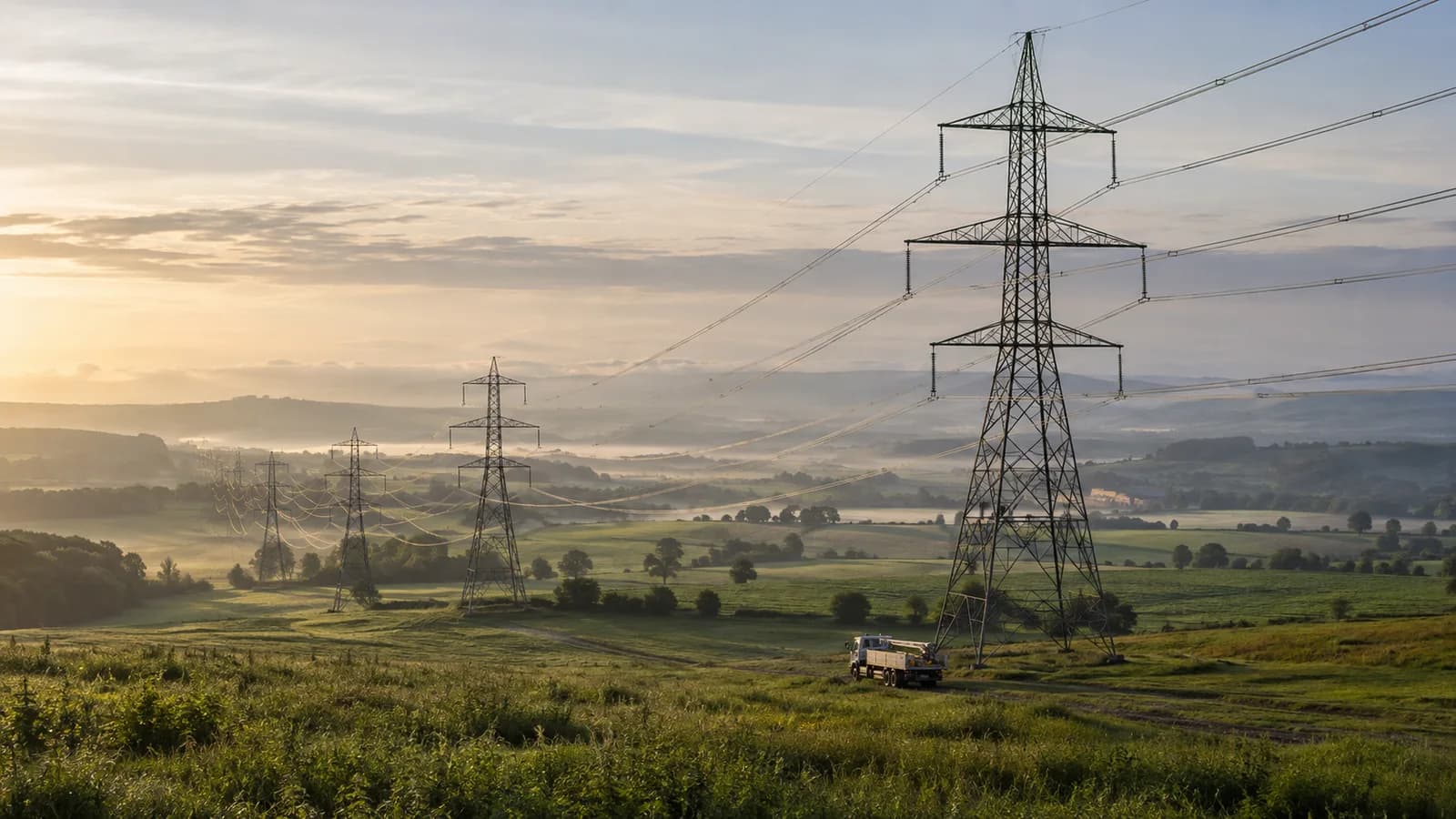 Conceptual AI illustration of transmission towers and sagging conductors across green farmland, representing upgrades to an existing corridor.