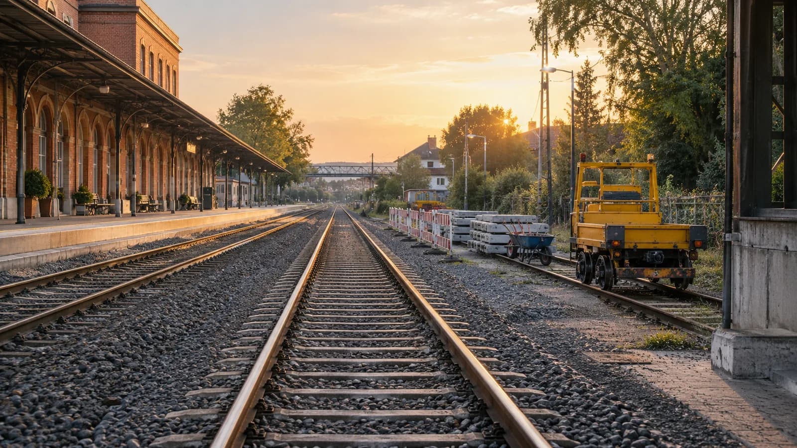 AI conceptual illustration of railway tracks beside a European station, a yellow maintenance trolley on a separate siding and orderly work barriers at dawn.