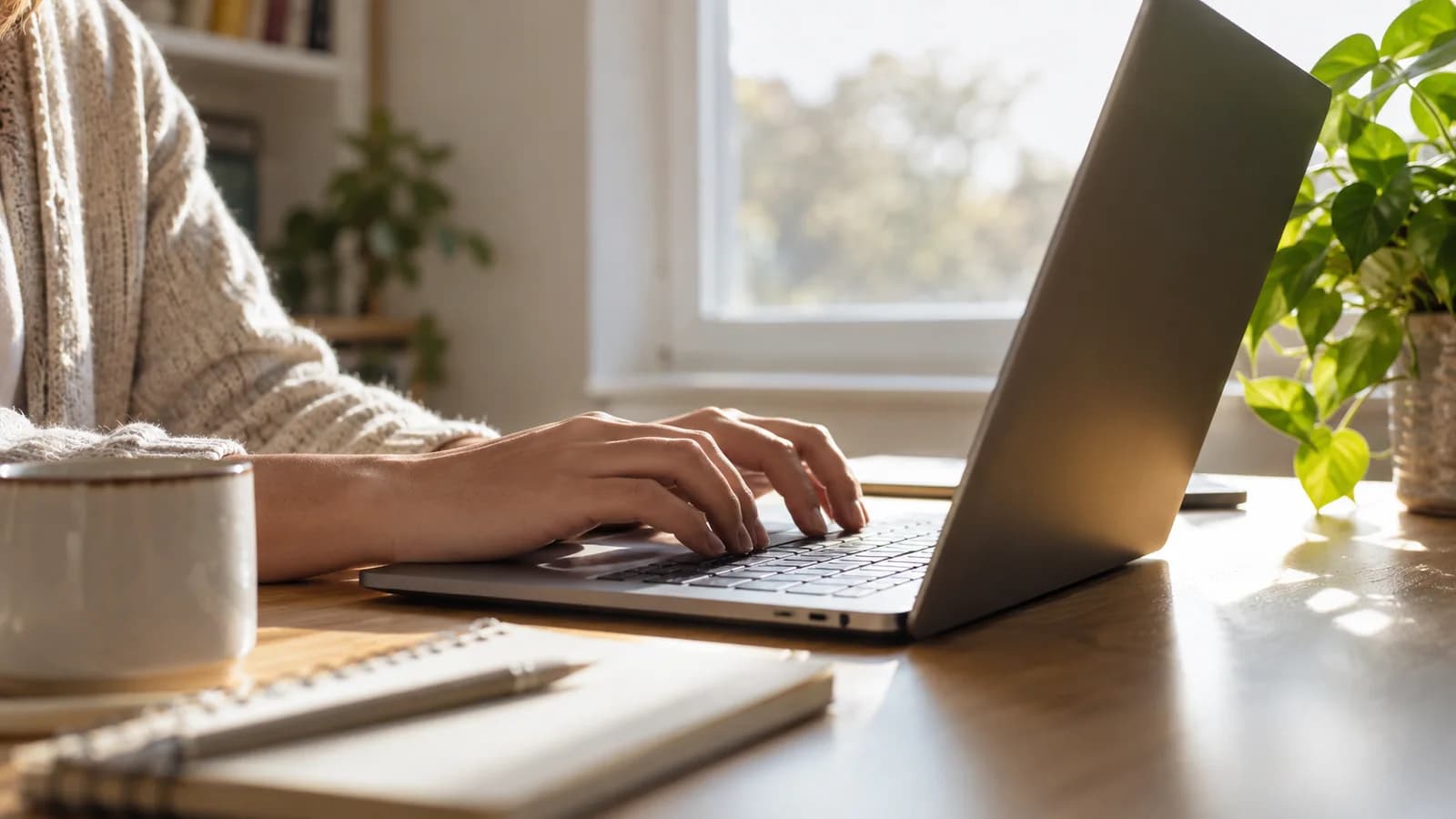 AI conceptual illustration of an unbranded laptop, notebook, ceramic mug and plant beside a bright window; not a Firefox interface screenshot.