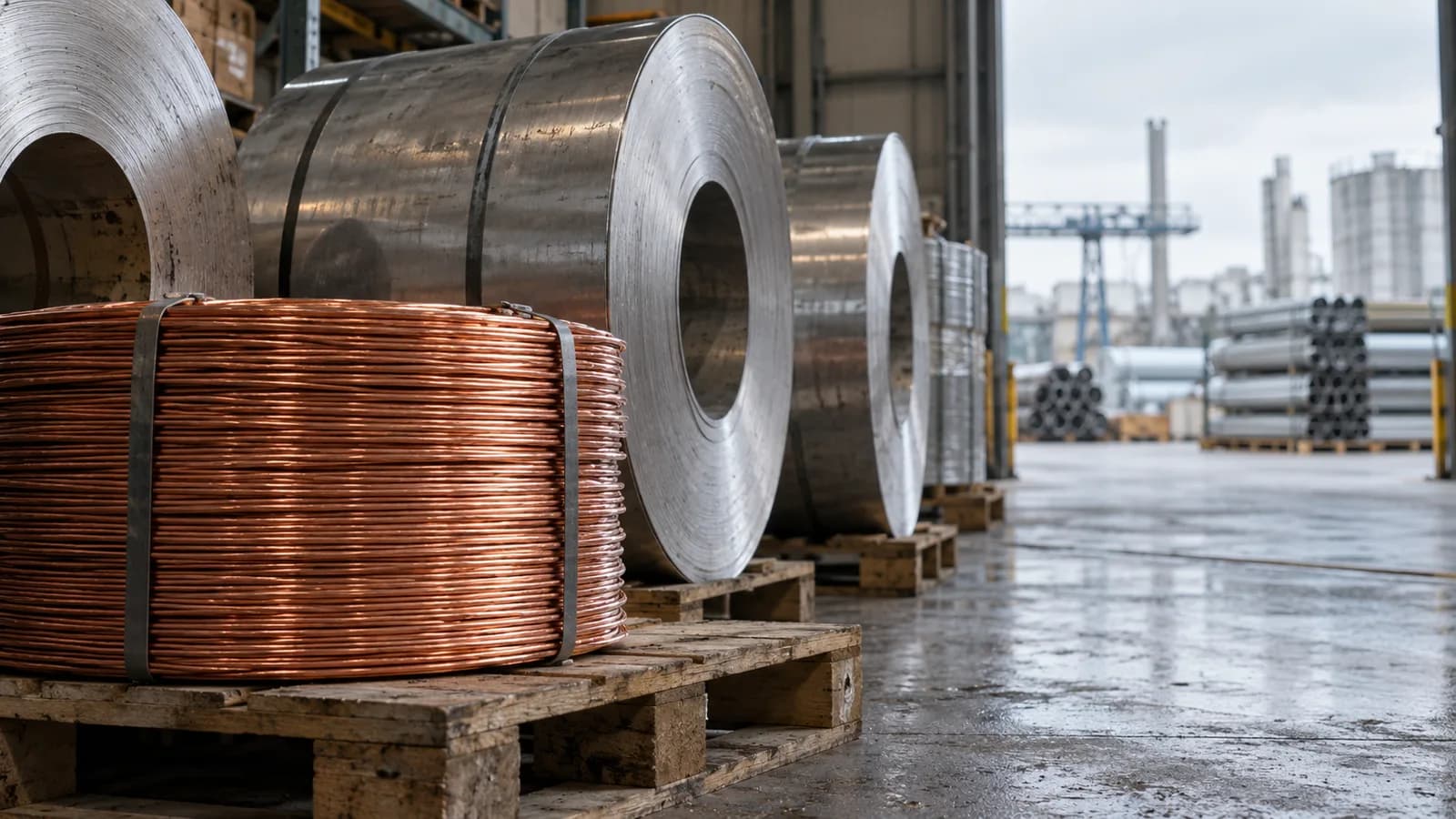 AI conceptual illustration of copper wire and aluminum rolls in a generic German materials warehouse; not an actual shipment or company site.
