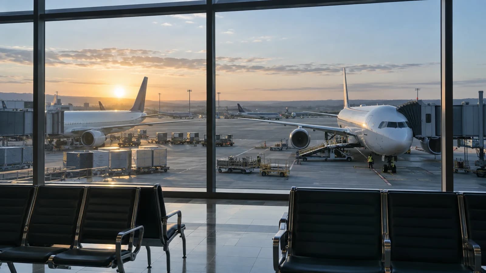 AI conceptual illustration of two unbranded passenger aircraft at airport gates in soft morning light, seen through terminal windows.