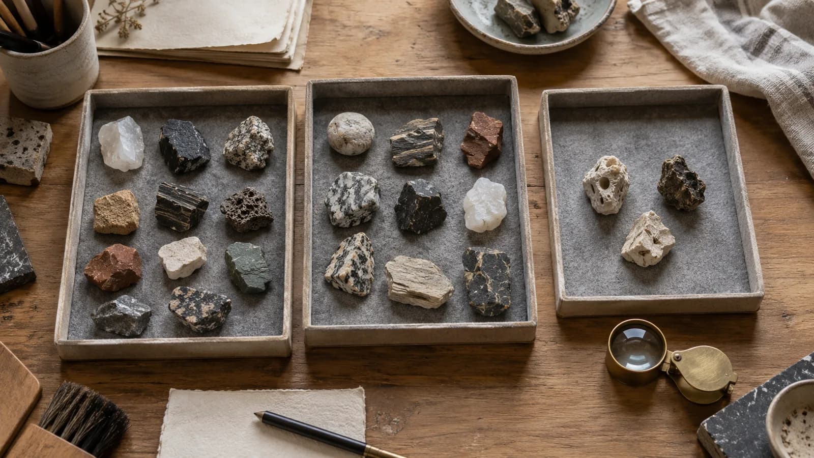 AI-generated conceptual illustration of stone specimens sorted into felt-lined trays, with ambiguous specimens and a magnifying loupe.