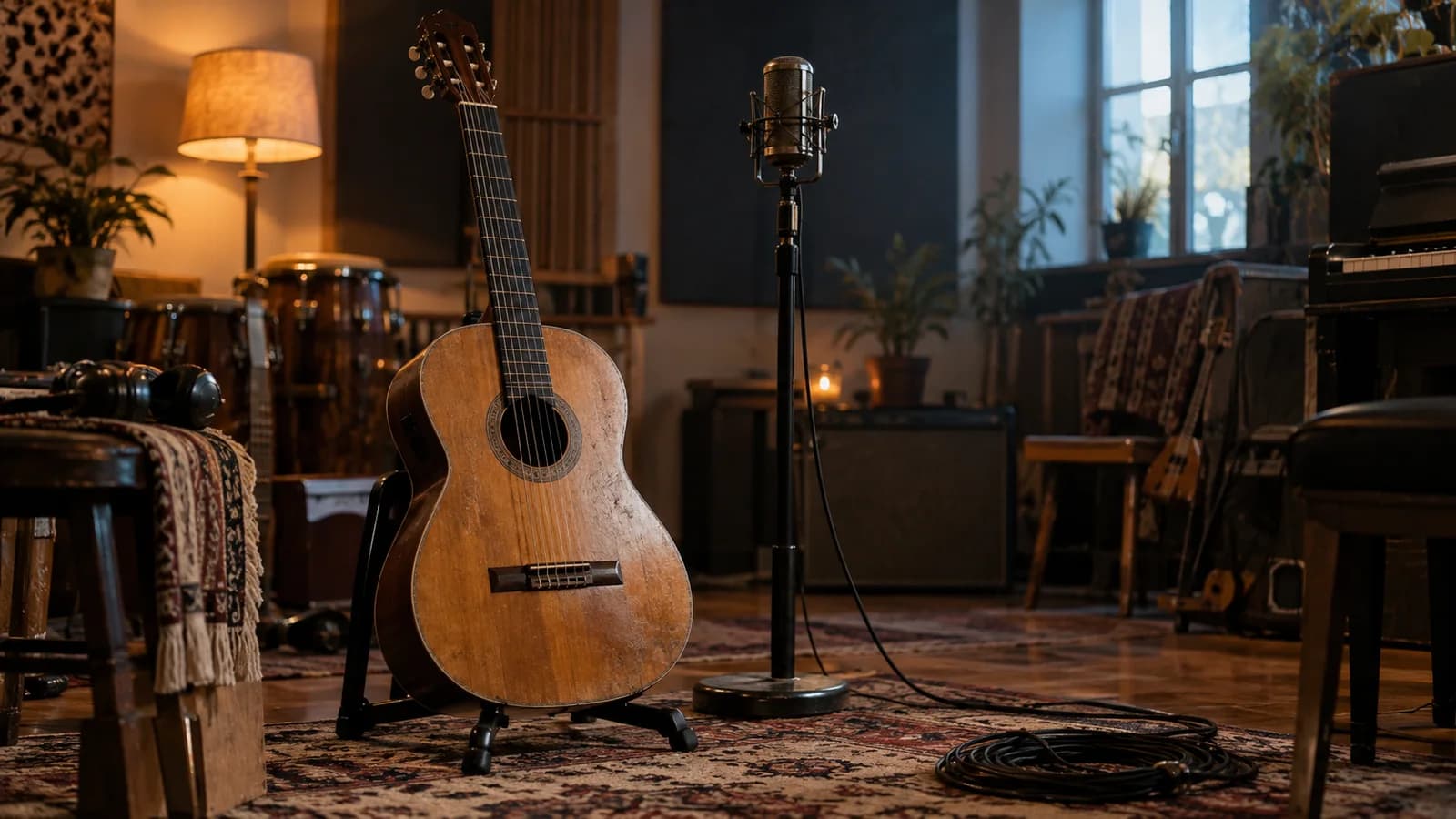 AI conceptual illustration of a classical guitar and microphone in an empty recording studio; no nominated artist or awards event is depicted.