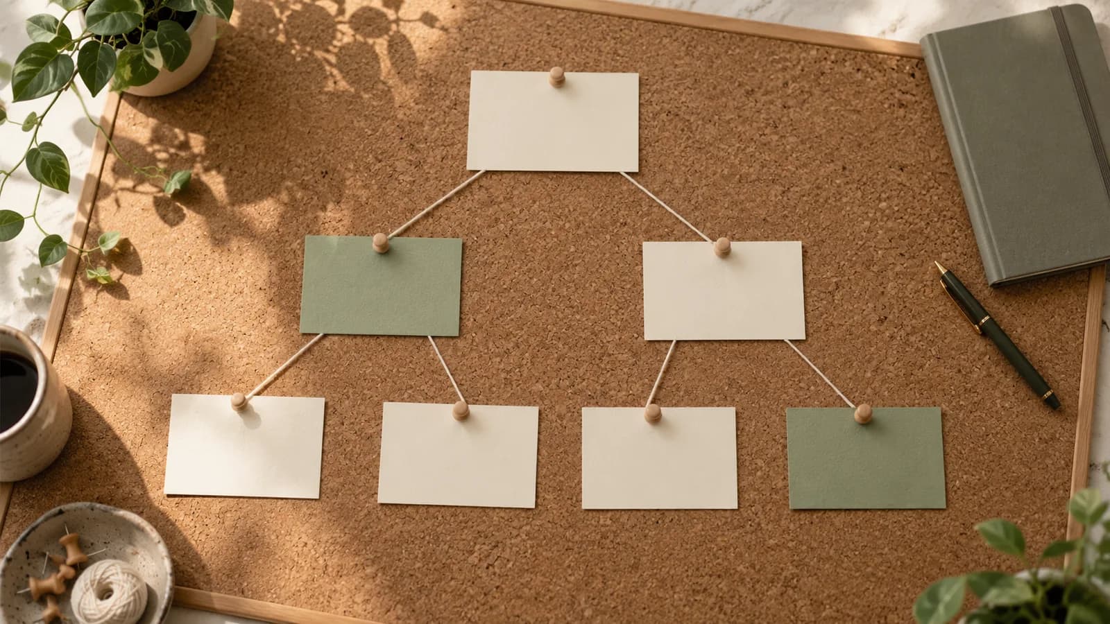 AI conceptual illustration of blank cards linked by cotton strings on a sunlit cork board, representing visible business rules and branching workflows.