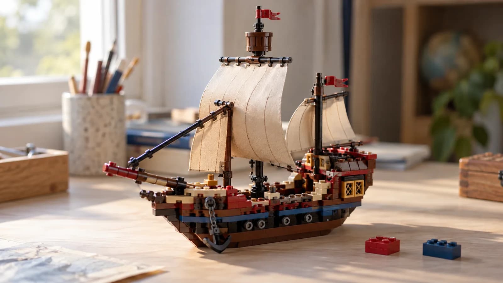 AI conceptual illustration of an unbranded toy-brick pirate ship on a wooden desk; not a commercial set or a frame from the special.