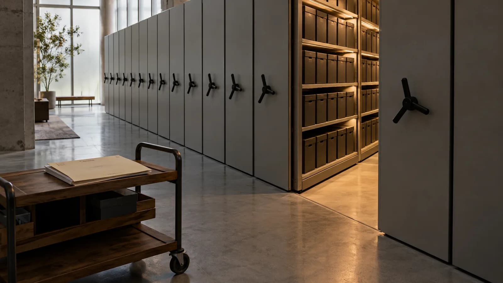 AI-generated conceptual illustration of archive shelves with one open aisle, representing selective access within a large model.
