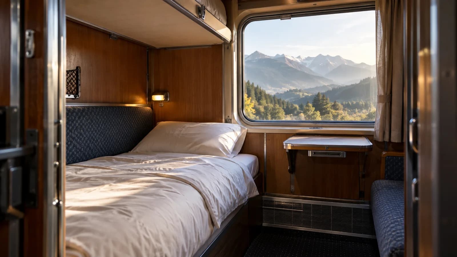 AI conceptual illustration of a generic sleeper-train compartment with a made berth, reading lamp and Alpine foothills through the window; not an actual operator cabin.