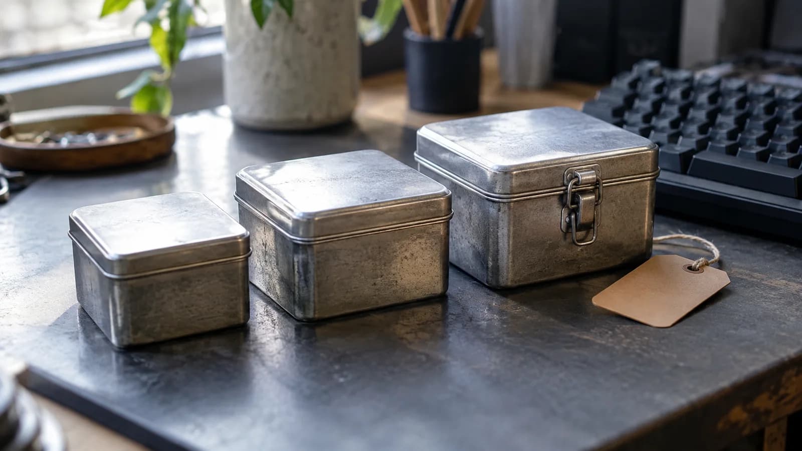 AI conceptual illustration of three plain metal storage boxes, a blank terracotta tag and part of a keyboard, representing controlled software releases.