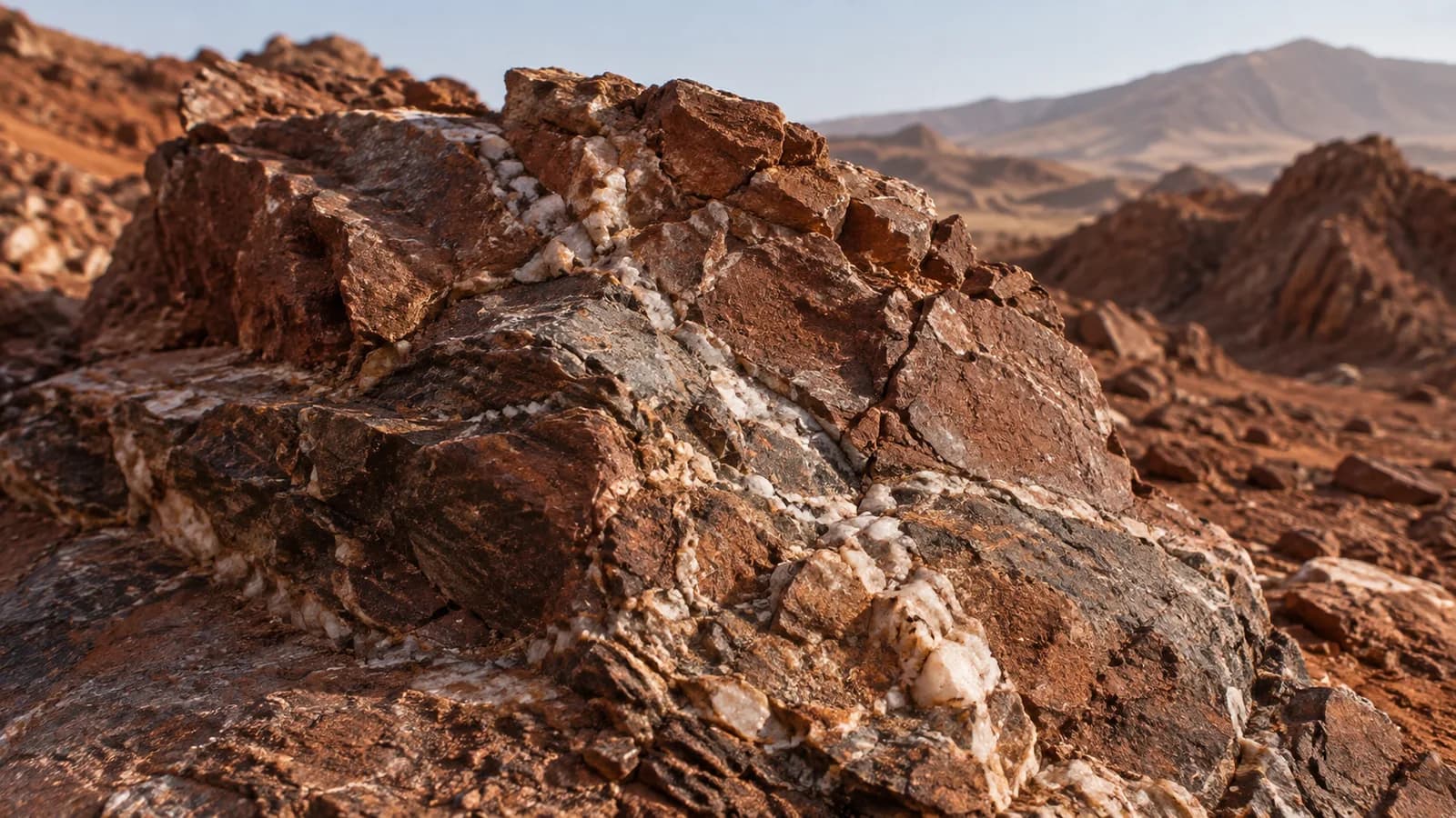 Conceptual AI illustration of a terrestrial reddish desert rock with pale mineral veins, used as a geological analogue; not a photograph from Mars.