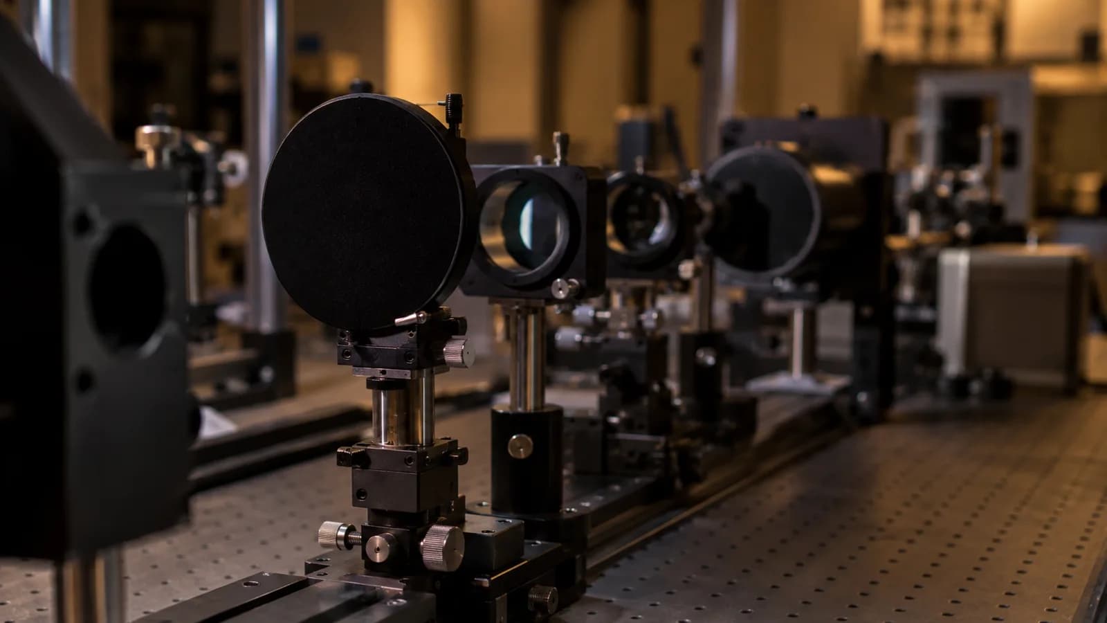 Conceptual AI illustration of a generic laboratory optics bench with mirrors and a dark circular aperture; not Roman flight hardware or its test image.