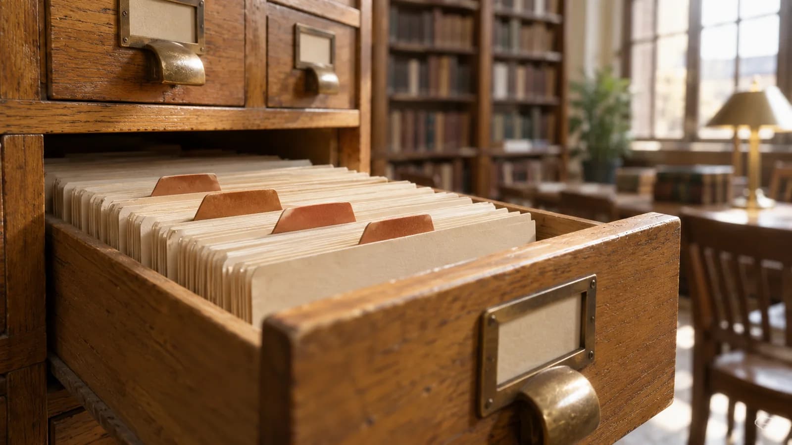 AI conceptual illustration of a wooden library card catalog with blank cards and terracotta dividers, representing retrieval within a selected collection.