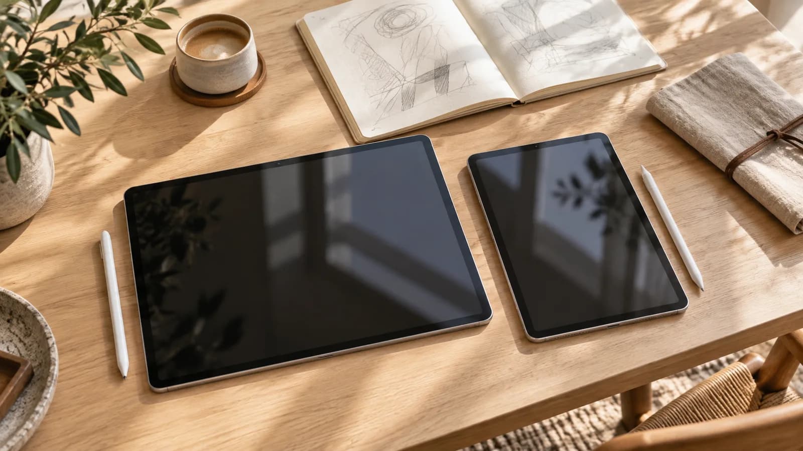 Conceptual AI illustration of two generic tablets of different sizes with styluses on a creative worktable.