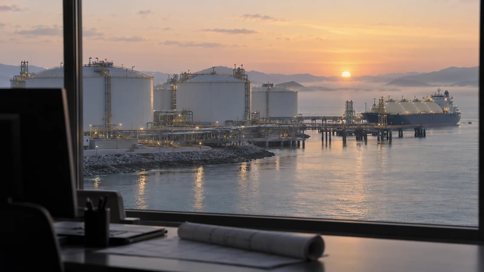 AI conceptual illustration of an anonymous LNG terminal and gas carrier seen from an office at dawn, representing structured energy-market information.