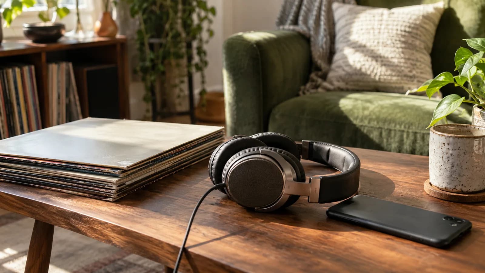 AI conceptual illustration of headphones, plain record sleeves and a face-down phone on a walnut table in a sunlit listening corner.