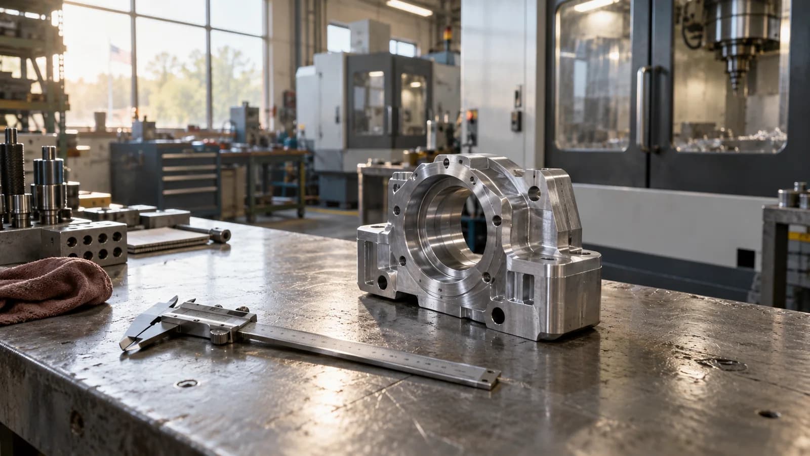 AI conceptual illustration of a machined metal part on a US workshop bench, with equipment behind it; no actual reported factory.