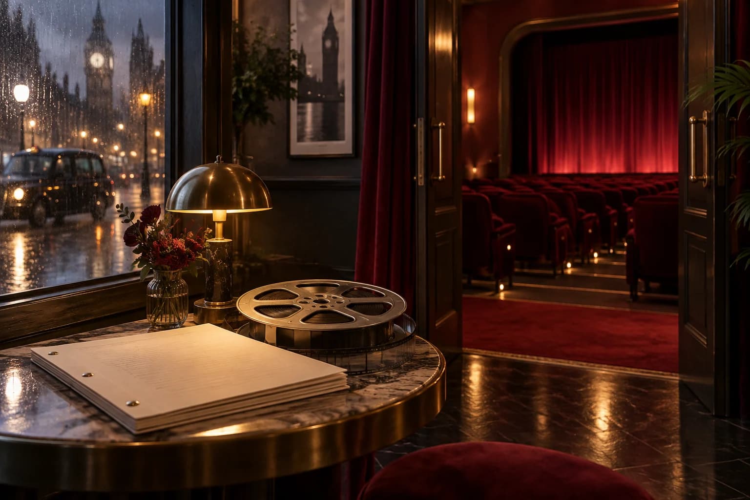 AI conceptual illustration of a cinema foyer, script booklet and film reel beside a rainy window.