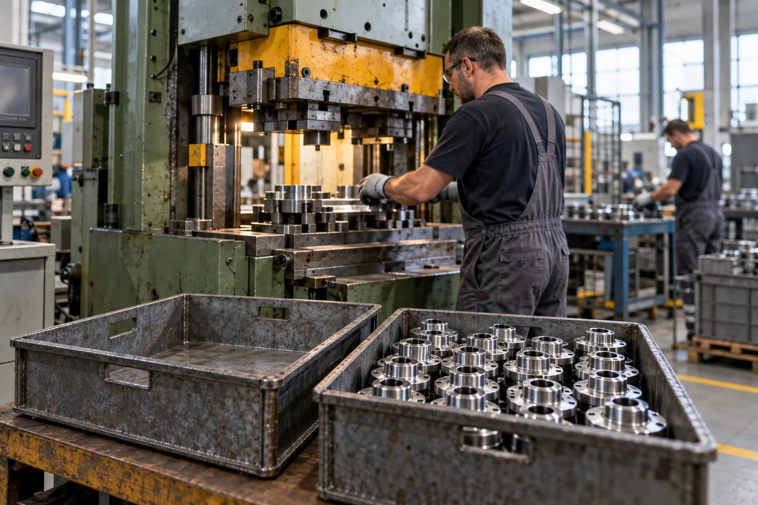 AI conceptual illustration of an industrial press, steel components and separate trays for orders and finished parts.