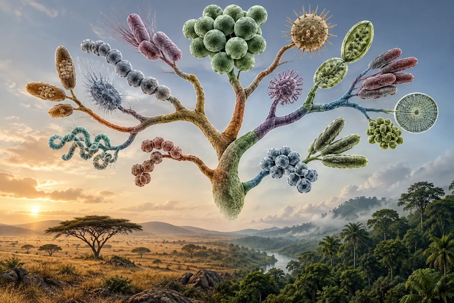 AI-generated microbial family-tree illustration above savannah and tropical forest silhouettes.