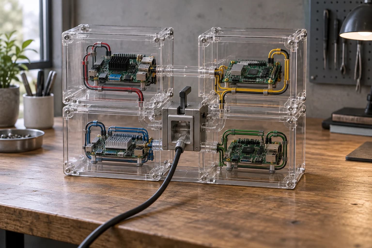 Compartimentos transparentes con placas, una compuerta y un cable exterior