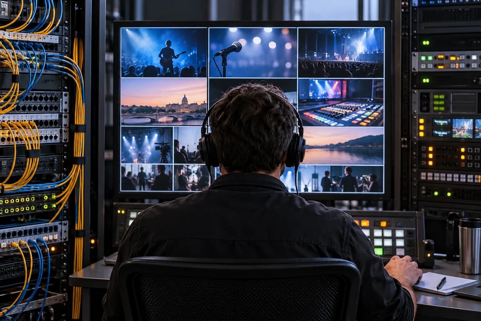 Broadcast rack, fibre cables and fictional multiview screen with a technician