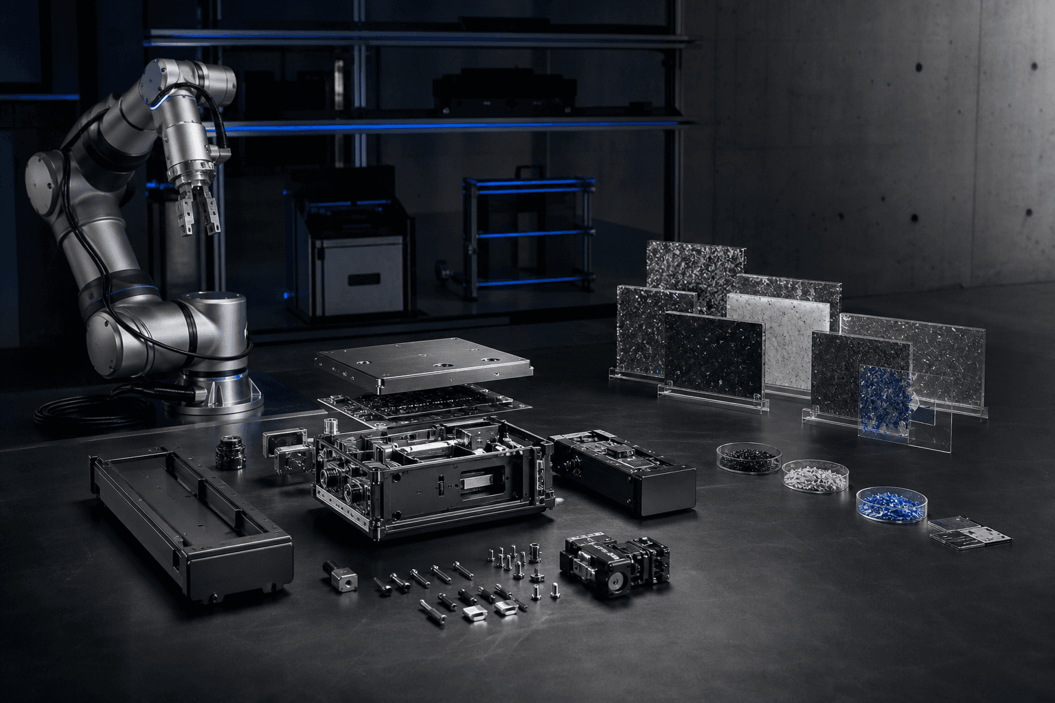 A dark workshop bench with a robotic arm and the components of a machine laid out in neat rows beside sample panels