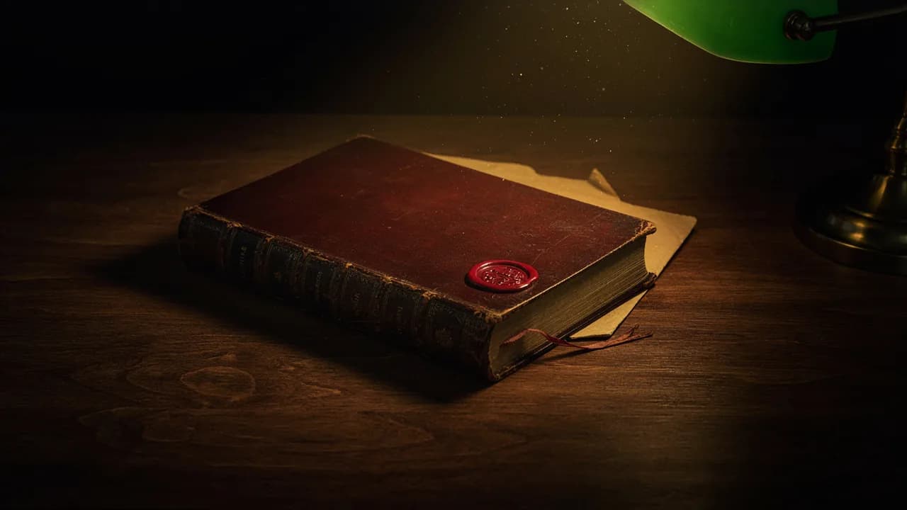 A closed leather-bound book with a red wax seal on a dark archive desk under a brass reading lamp