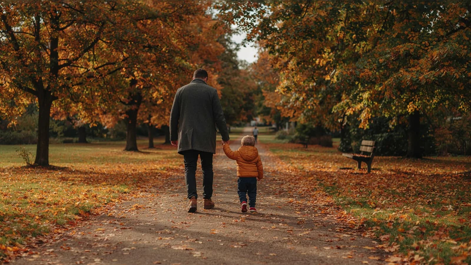 A parent and a small child walking hand in hand along an autumn park path, seen from behind; AI-generated illustration