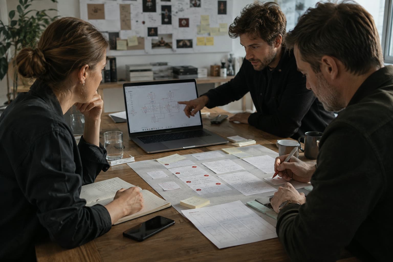 Three people at a wooden table work through a flowchart on a laptop screen, with printed sheets, sticky notes and an open notebook spread in front of them