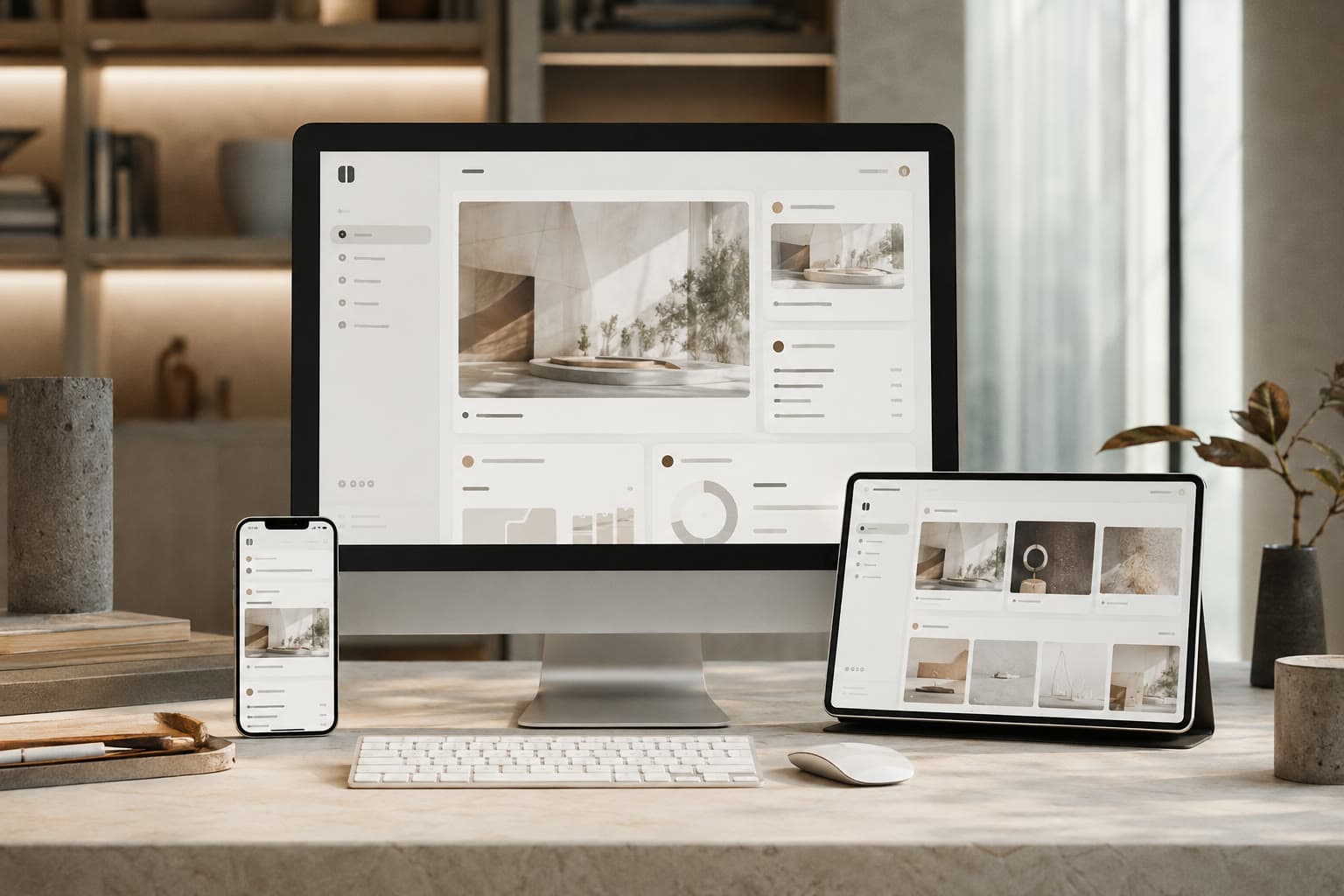 One responsive digital product shown across a desktop monitor, tablet and smartphone