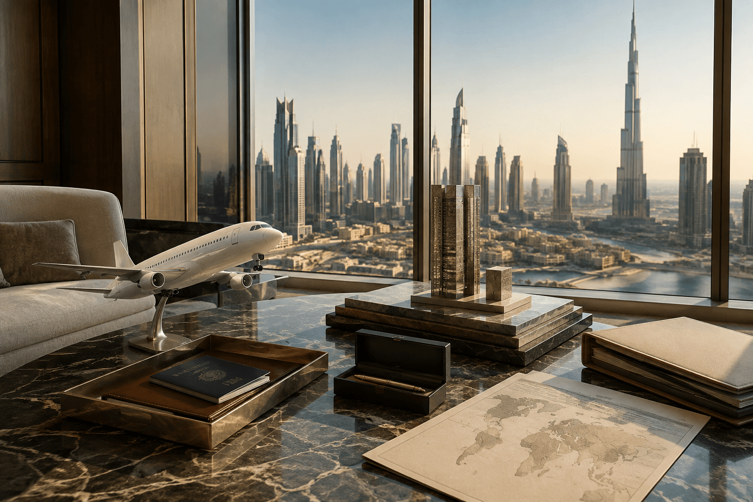 VITON13 conceptual editorial illustration accompanying Dubai's premium economy machine: how the city turns travel, capital, and status into one operating system