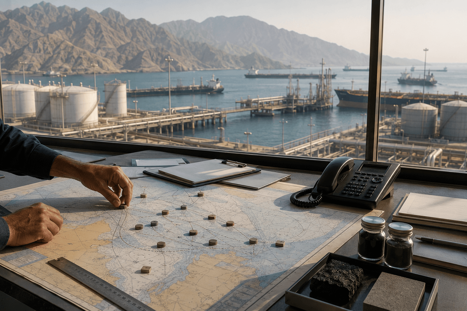 VITON13 conceptual editorial illustration accompanying Energy and logistics desks refocus on Fujairah after refinery disruption in the UAE