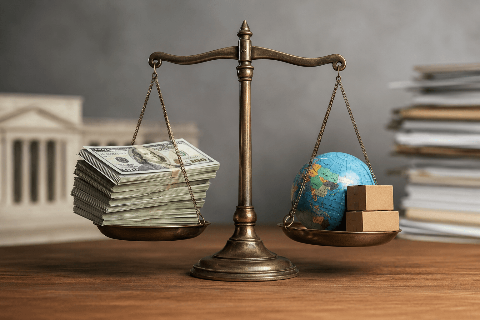 VITON13 conceptual editorial illustration accompanying IMF keeps a resilient view on the US economy while debt and tariff risks stay in frame