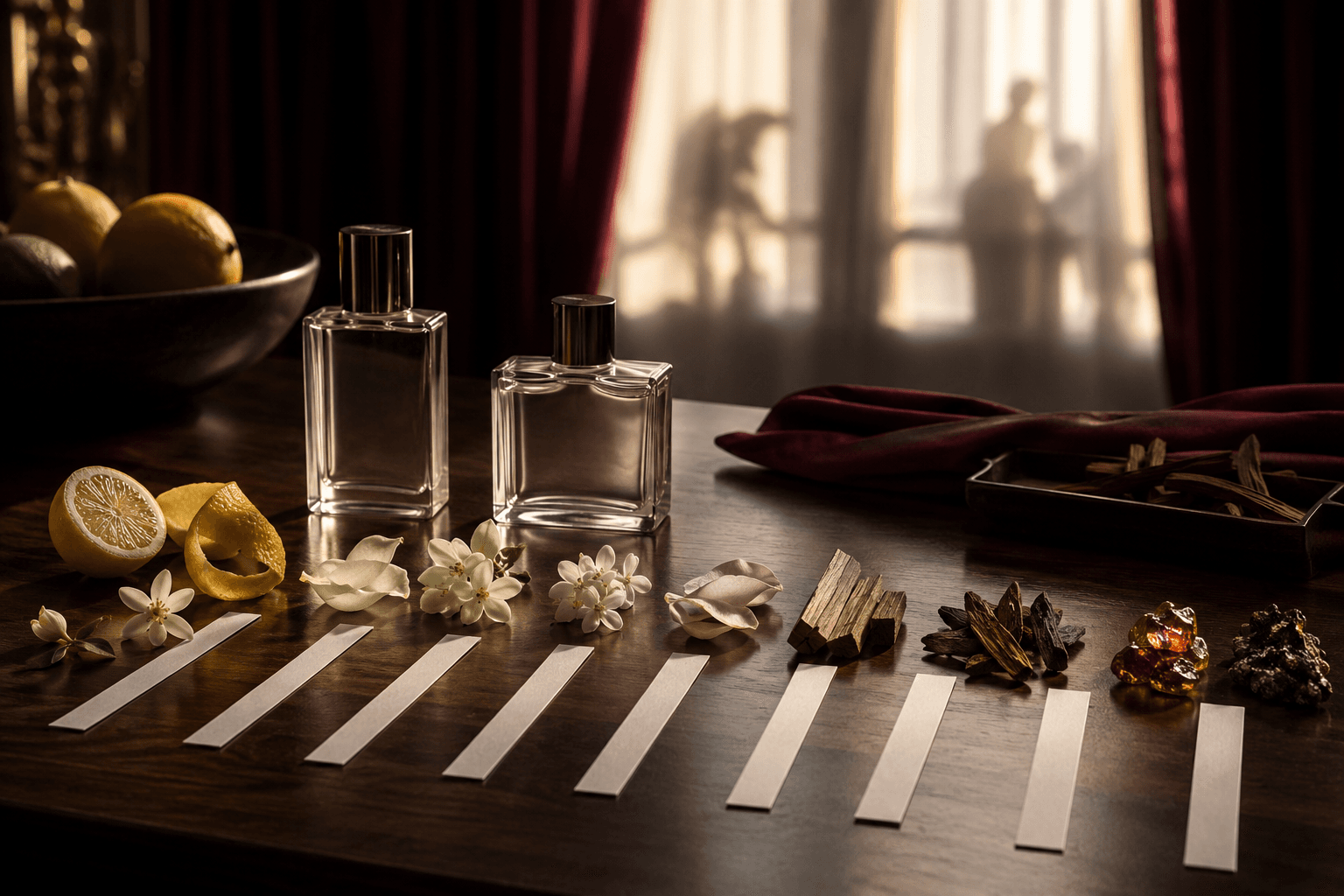 Two unbranded fragrance bottles beside blotter strips arranged from bright citrus and floral materials to darker woods and resins.