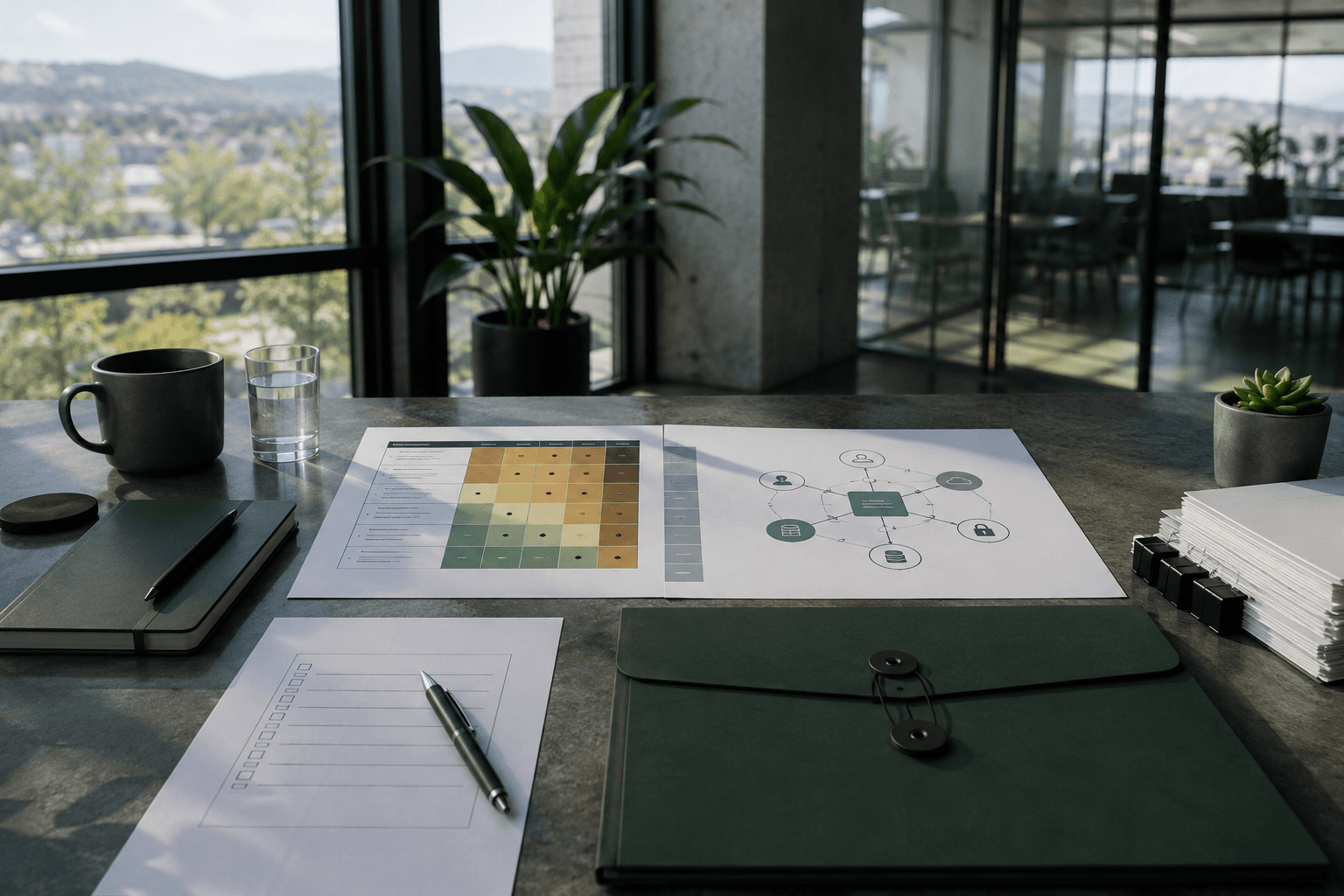 Procurement desk with a supplier risk matrix, access map, sealed contract folder and continuity checklist arranged for a small-team review