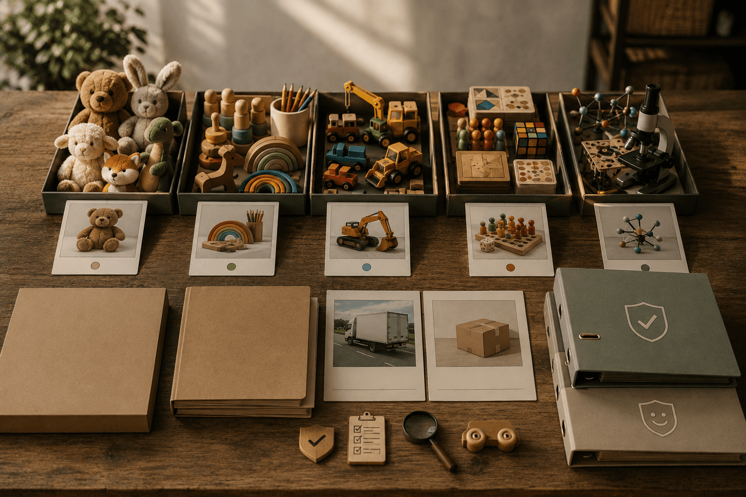 Toy catalogue table with plush, creative play, vehicles, games and STEM objects sorted beside delivery and safety-document folders.