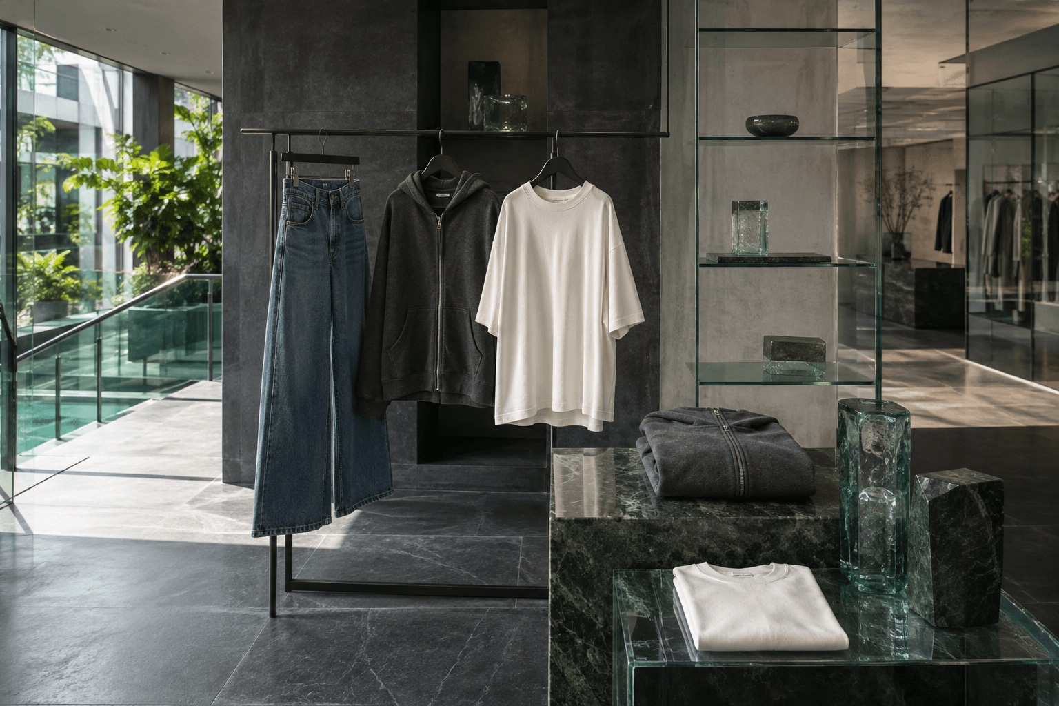 Three designer garments arranged as a compact fashion catalogue with denim, a zip hoodie and an oversized tee