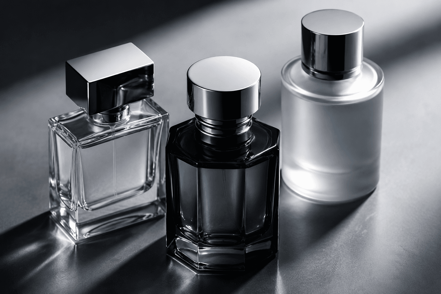 Three distinct fragrance bottles photographed as a coordinated premium product trio on a neutral studio surface